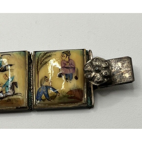 Vintage Persian Bone Hand Painted RARE 10 Panel Story Bracelet 7 1/4 - Picture 13 of 14